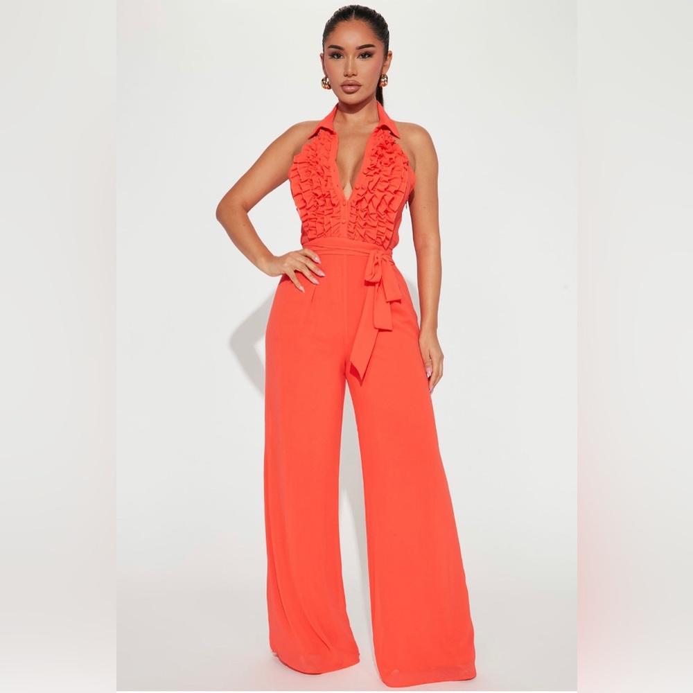 Fashion Nova Coral Halter Ruffle Wide-Leg Jumpsuit